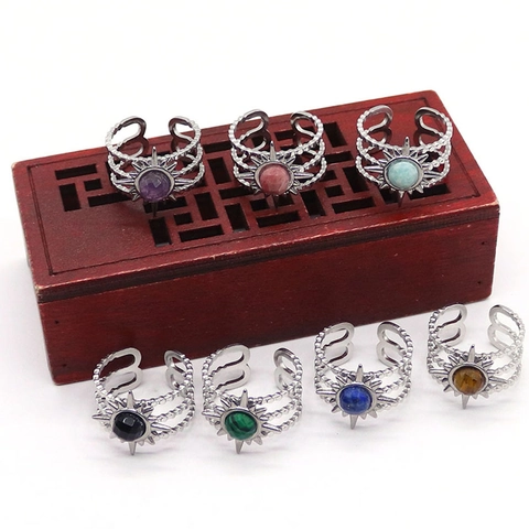 Vintage Stainless Steel Natural Stone Sunflower Open Ring Adjustable Sunburst Boho Finger Ring Jewelry Gift For Women Men