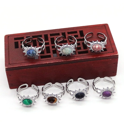 Retro Roestvrij Staal Zonnebloem Open Ring Voor Dames Heren Vintage Boheems Natuursteen Ingelegd Verstelbare Vingersieraden