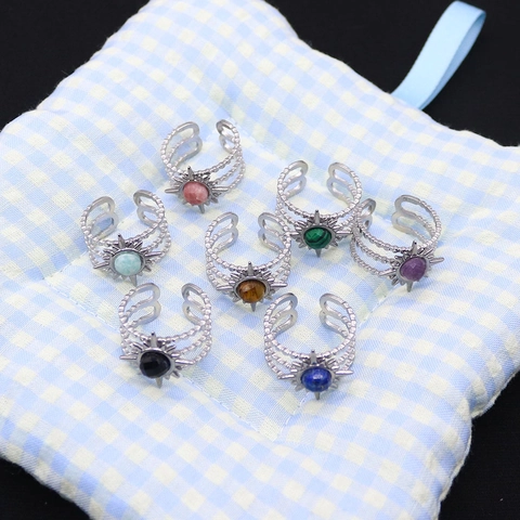 Vintage Stainless Steel Natural Stone Sunflower Open Ring Adjustable Sunburst Boho Finger Ring Jewelry Gift For Women Men