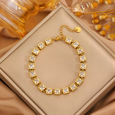 Bracelet Tennis de Luxe en Acier Inoxydable Zirconia Pour Femmes Plaqué Or Rectangle Carré Bijoux en Cristal Cadeau Réglable