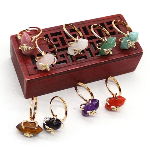 Vintage Gold Plated Natural Stone Bee Adjustable Ring Hexagonal Column Amethyst Tiger Eye Quartz Ring Women Jewelry