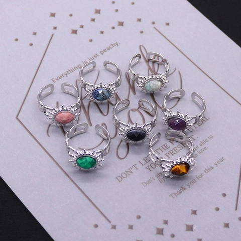 Retro Roestvrij Staal Zonnebloem Open Ring Voor Dames Heren Vintage Boheems Natuursteen Ingelegd Verstelbare Vingersieraden