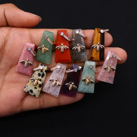 Natural Stone Bee Pendant Trapezoid Shape Alloy Rhinestone Inlaid Bail For DIY Necklace Jewelry Making Findings For Women