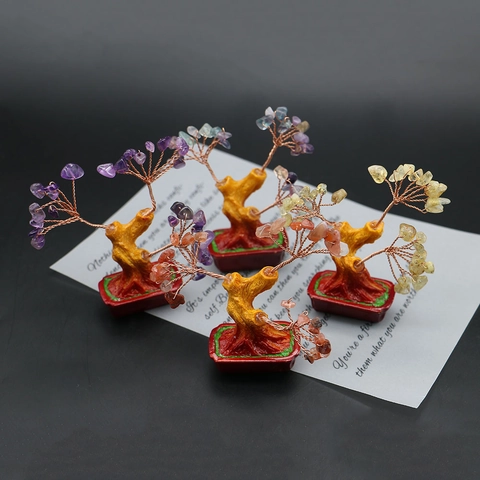 Mini Naturkristall Glücksbaum Handgefertigter Kupferdraht Eingewickelt Edelstein Bonsai Ornament Für Reichtum Glück Haus Büro Dekor