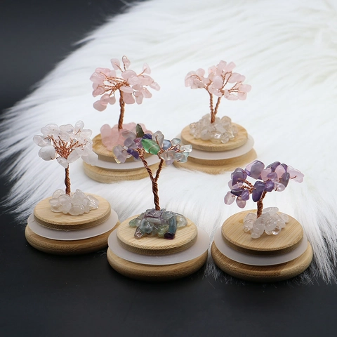 Natural Crystal Stone Fortune Tree Decoration With Glass Dome Wood Base Handmade Copper Wire Money Tree Desk Ornament For Home Office