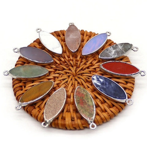 Natural Stone Marquise Pendant Only (Without Chain) Silver Plated Metal Edging DIY Jewelry Finding For Necklaces Accessories