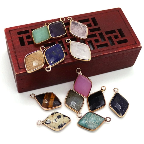 Natural Stone Faceted Rhombus Pendants With Gold Electroplated Edging DIY Jewelry Finding For Necklace Bracelet Maker Gift