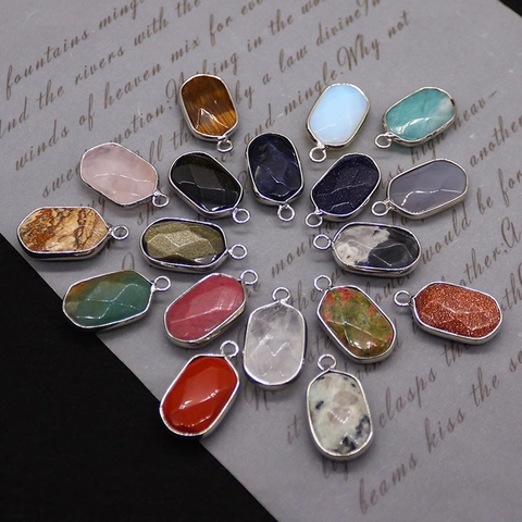 Faceted Oval Natural Stone Pendant With Silver Plated Edge Crystal Agate Gemstone Charm For DIY Jewelry Making Accessories