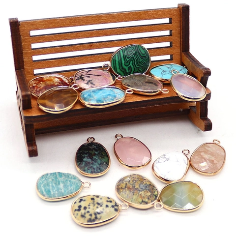 Natural Gemstone Oval Faceted Pendant Gold Edge Malachite Turquoise Rose Quartz DIY Jewelry Making Accessories For Women