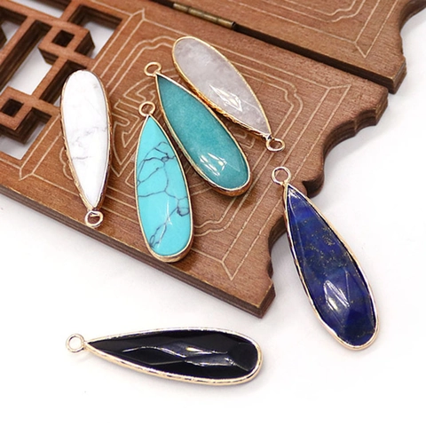 Natural Stone Teardrop Pendant Electroplated Alloy Border Waterdrop Charm For DIY Necklace Jewelry Making Accessory Pendant Only