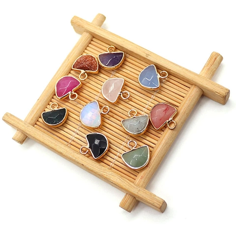 Natural Stone Semi Circular Fan Shaped Pendant Charm For DIY Jewelry Making Gold Plated Copper Edged Stone Agate Quartz Opal Findings