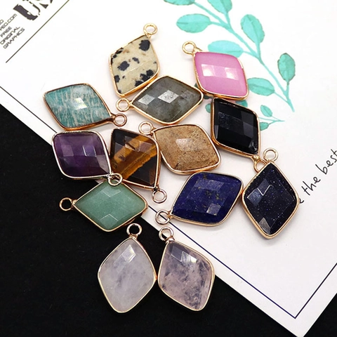 Natural Stone Faceted Rhombus Pendants With Gold Electroplated Edging DIY Jewelry Finding For Necklace Bracelet Maker Gift