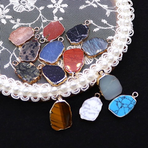 Irregular Natural Stone Pendant Tiger Eye Gold Sandstone Blue Turquoise With Electroplated Copper Edge For DIY Necklace Jewelry Accessories