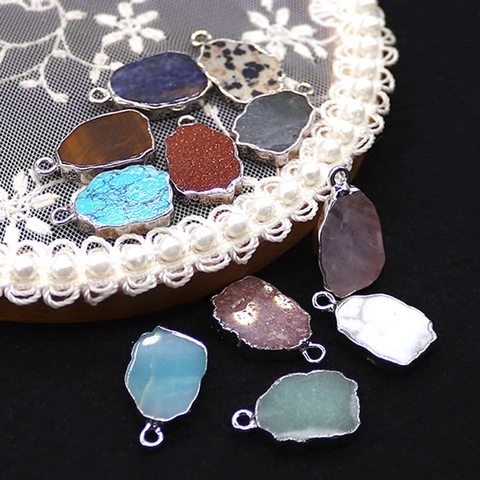 Irregular Natural Stone Pendant Silver Plated Edge DIY Jewelry Making Accessory For Necklace Strawberry Quartz Dalmatian Stone Women