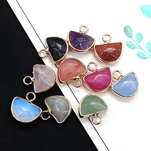 Natural Stone Semi Circular Fan Shaped Pendant Faceted Charms Electroplated Copper Edge For DIY Jewelry Making Necklace Accessory