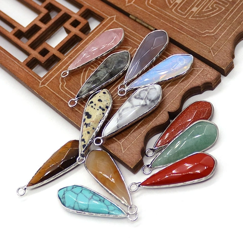 Natural Stone Teardrop Pendant Metal Wrapped Faceted Tiger Eye Rose Quartz Labradorite DIY Necklace Jewelry Making Accessories