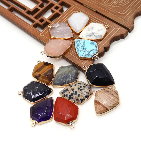 Natural Stone Shield Shape Faceted Pendant Electroplated Copper Edged Pendants For DIY Necklace Jewelry Making Accessories