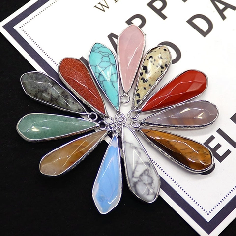 Natural Stone Teardrop Pendant Metal Wrapped Faceted Tiger Eye Rose Quartz Labradorite DIY Necklace Jewelry Making Accessories