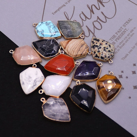 Natural Stone Shield Shape Faceted Pendant Electroplated Copper Edged Pendants For DIY Necklace Jewelry Making Accessories