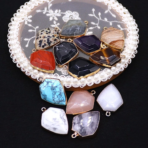 Natural Stone Faceted Shield Pendant Only Without Chain Gold Plated Edge DIY Jewelry Making Accessory For Necklace Earring