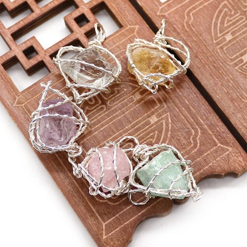Handgefertigte Unregelmäßige Naturstein Drahtumwickelte Anhänger Herzform Roher Kristall Amethyst DIY Schmuckherstellung Zubehör