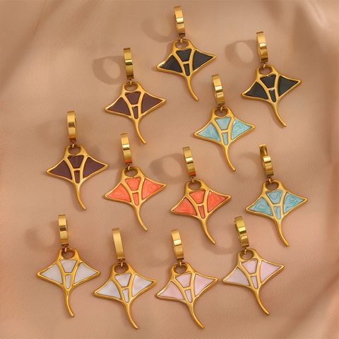 Boucles d'Oreilles Pendantes Luxueuses en Acier Titane Raie Manta Plaquées Or Émail Bijoux Forme Animale Femme Style Océanique