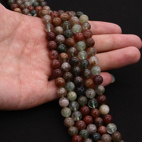 Natural Stone Round Beads Red Green Rutilated Quartz Phantom Crystal Loose Beads For DIY Jewelry Making Accessories