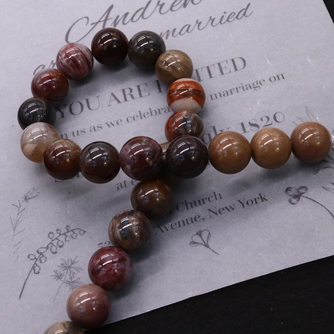 Natural Wood Fossil Stone Round Beads Polished Loose Beads For DIY Necklace Bracelet Jewelry Making Supplies Vintage Style