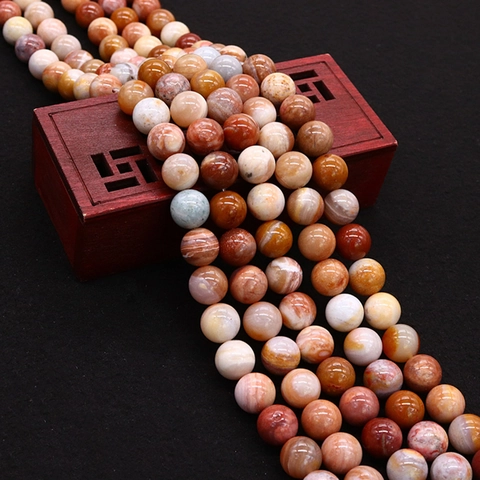 Cuentas Sueltas Redondas de Madera Petrificada Rosa Natural Pulidas Con Agujero Recto Piedra Semipreciosa Para Bricolaje Joyería