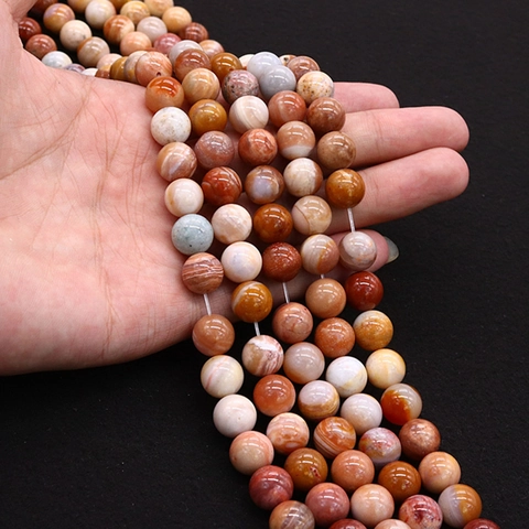 Cuentas Sueltas Redondas de Madera Petrificada Rosa Natural Pulidas Con Agujero Recto Piedra Semipreciosa Para Bricolaje Joyería