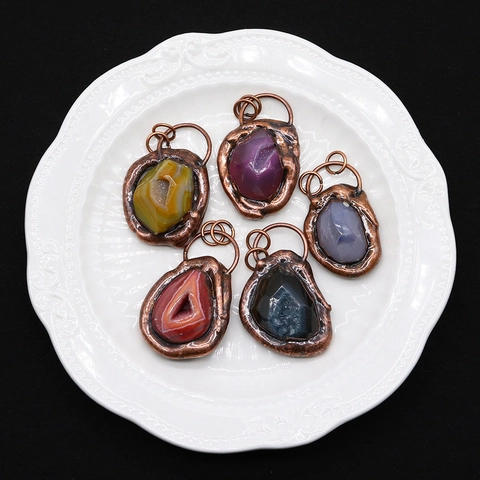 Natural Stone Irregular Striped Agate Pendant Vintage Electroplated Copper Edging Druzy Charms For DIY Necklace Jewelry Making