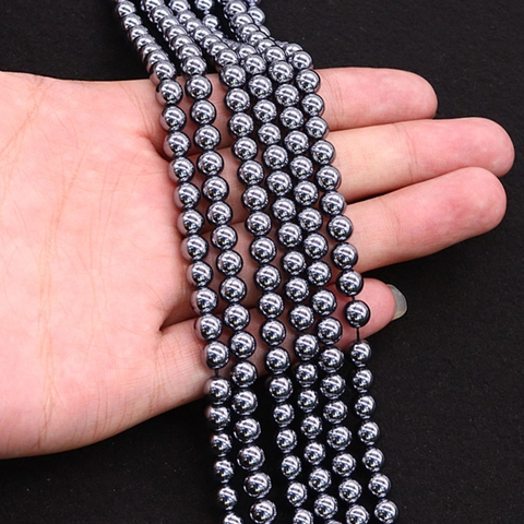 Polished Natural Stone Round Hematite Loose Beads For DIY Jewelry Making Necklace Bracelet Accessory Metallic Dark Gray Stone Beads