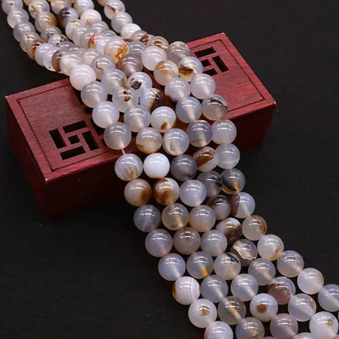 Natural Stone Round Loose Beads Black Flower Agate Polished Strand For DIY Jewelry Making Necklace Bracelet Accessories