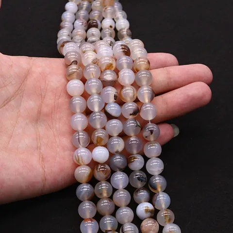Natural Stone Round Loose Beads Black Flower Agate Polished Strand For DIY Jewelry Making Necklace Bracelet Accessories