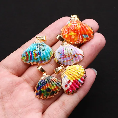 Pendentif en Coquille Saint-Jacques Naturelle Breloques Peintes Avec Bord Plaqué Or pour Fabrication de Bijoux DIY Femmes