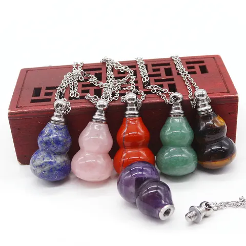 Natural Stone Perfume Bottle Pendant Necklace Hulu Shape Stainless Steel Chain Refillable Essential Oil Diffuser For Women Men