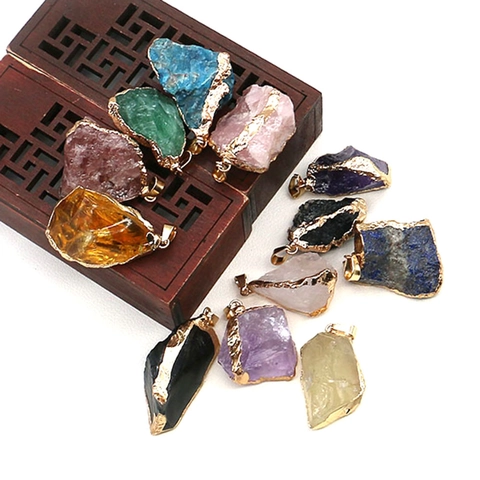Natuursteen Ruw Erts Kristal Onregelmatige Hanger Gouden Rand Amethist Lapis Lazuli Rozenkwarts DIY Sieraden Maken Hanger