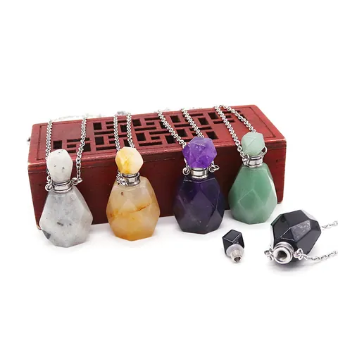 Natural Stone Perfume Bottle Pendant Necklace Multifaceted Stainless Steel Chain Essential Oil Diffuser Vial Jewelry For Unisex