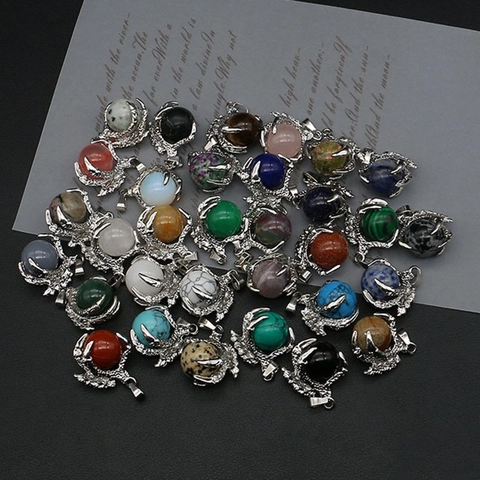 Vintage Dragon Claw Natural Stone Round Bead Pendant Electroplated Copper Gothic Style Charm For DIY Necklace Jewelry Making