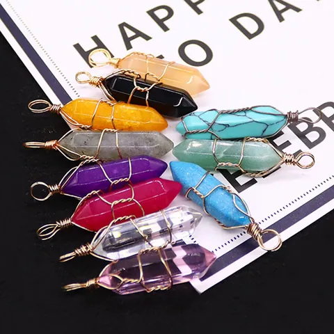 Natural Stone Hexagonal Column Pendant Handmade Wire Wrapped Crystal Point Healing Stone DIY Necklace Jewelry Making Accessories