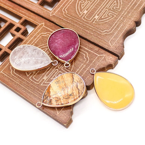 Natural Stone Teardrop Shape Pendants Electroplated Copper Edge Gemstone Charm For DIY Necklace Jewelry Making Accessories