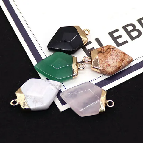 Natural Stone Pentagon Faceted Pendant For DIY Jewelry Making Copper Electroplated Rose Quartz Green Aventurine Black Agate Charms