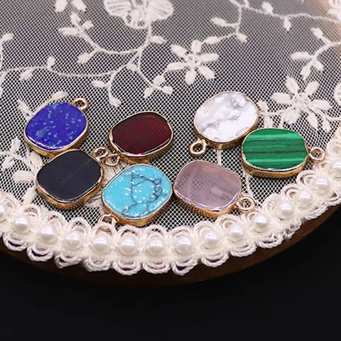 Rectangular Natural Stone Pendant Rose Quartz Malachite Black Agate Copper Electroplated Charm For DIY Jewelry Making