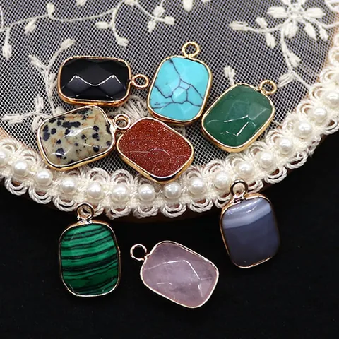 Natuursteen Rechthoek Hanger Zonder Ketting Verguld Koper Rand Geometrische Charm Voor DIY Ketting Truiketen Vrouwen Sieraden Maken Accessoire