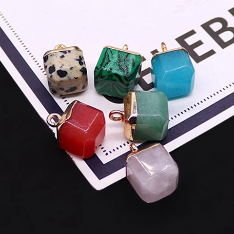 Natural Stone Cube Pendant Electroplated Copper Geometric Charm For DIY Necklace Bracelet Making Women Jewelry Accessory