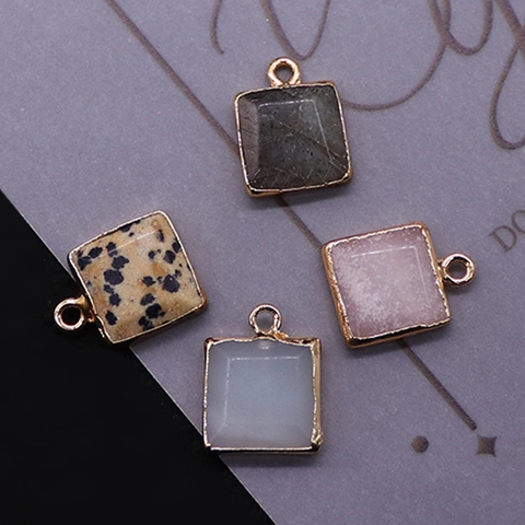 Ciondolo Quadrato in Pietra Naturale Bordo in Rame Placcato Oro Sfaccettato Quarzo Rosa Labradorite DIY Gioielli