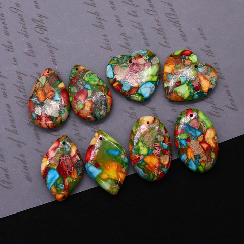 Pendenti in Pietra Naturale Diaspro Imperiale Multicolore Forma Cuore Ovale Goccia Rombo Ciondoli in Pietra Dura Tinta Per Creazione Gioielli Fai-da-te
