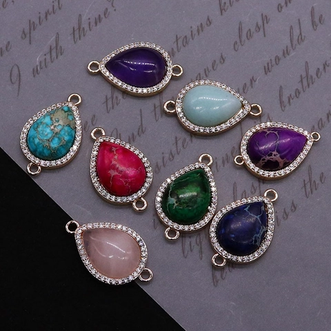 Teardrop Natural Stone Connector Pendant With Zirconia Halo Gold Plated Copper Double Ring For DIY Jewelry Making Accessories