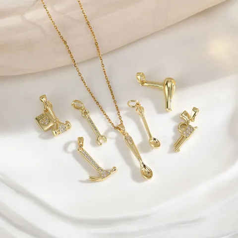 Creative Gold Plated Copper Zirconia Tool Pendant Necklace For Women Mini Spoon Hammer Wrench Revolver Gavel Jewelry