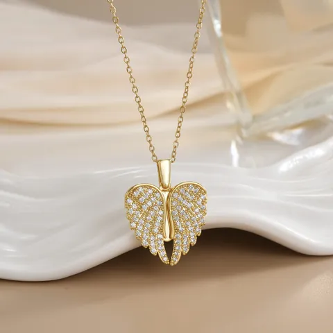Angel Wings Heart Pendant Necklace Opening I Love You Engraved Zirconia Copper Stainless Steel Jewelry For Women